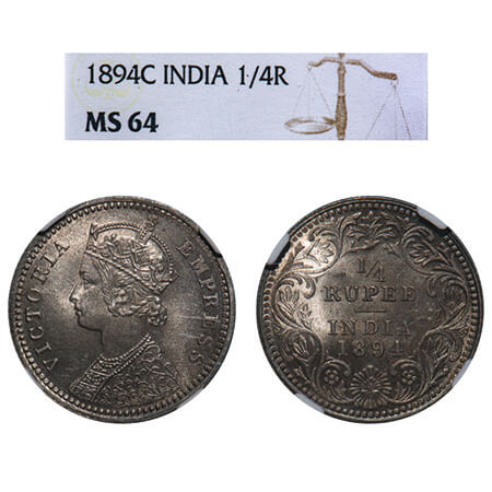 Victoria Empress, Silver, 1/4 Rupee, 1894, Calcutta Mint, C/II, 'C' incused. F. Prid 399. 