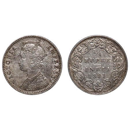Victoria Empress, Silver, 1/4 Rupee, 1897, Bombay Mint, C(i)/I, 'B' incused. F. Prid 430. 
