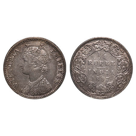 Victoria Empress, Silver, 1/4 Rupee, 1897, Bombay Mint, C(i)/I, 'B' incused. F. Prid 430. 