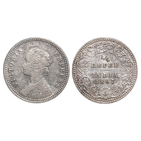 Victoria Empress, Silver, 1/4 Rupee, 1897, Calcutta Mint, C/II, 'C' incused. F. Prid 401. 
