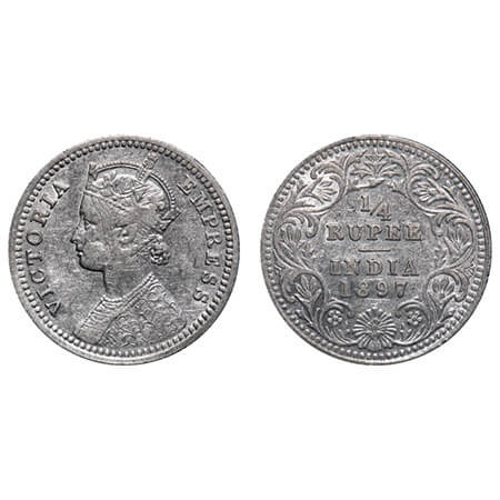 Victoria Empress, Silver, 1/4 Rupee, 1897, Calcutta Mint, C/II, 'C' incused. F. Prid 401. 
