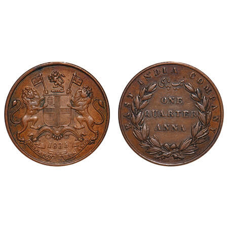 William IV, Copper, Quarter Anna, 1835, Madras Mint, B/V, Wreath with 24 Berries (13L + 11
