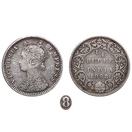 Victoria Empress, Silver, 1/4 Rupee, 1898, Bombay Mint, C(i)/I, 'B' incused, Traces of num