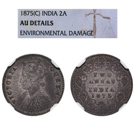 Victoria Queen, Silver, 2 Annas, 1875, Calcutta Mint, A/I, No mint mark. F. Prid 489. GK 7