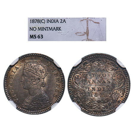 Victoria Empress, Silver, 2 Annas, 1878, Calcutta Mint, B/II, No mint mark. F. Prid 493. G