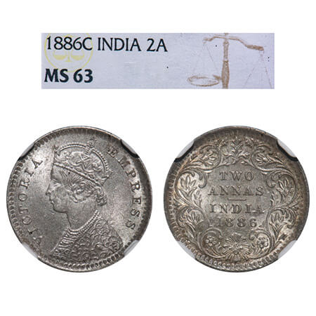 Victoria Empress, Silver, 2 Annas, 1886, Calcutta Mint, D/II, 'C' incused. F. Prid 501. GK