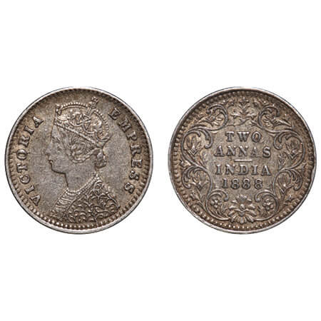 Victoria Empress, Silver, 2 Annas, 1888, Bombay Mint, B/II, 'B' incused, Die cracks on Obv