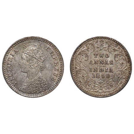 Victoria Empress, Silver, 2 Annas, 1890, Bombay Mint, B/II, No mint mark, No B. F. Prid 54