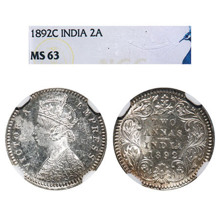Victoria Empress, Silver, 2 Annas, 1892, Calcutta Mint, B/II, 'C' incused. F. Prid 507. GK