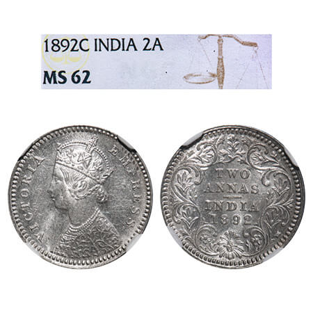 Victoria Empress, Silver, 2 Annas, 1892, Calcutta Mint, B/II, 'C' incused. F. Prid 507. GK