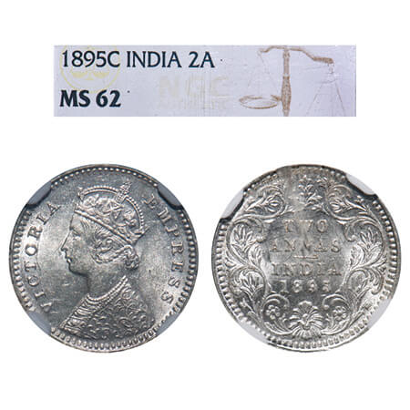 Victoria Empress, Silver, 2 Annas, 1895, Calcutta Mint, B/II, 'C' incused. F. Prid 510. GK