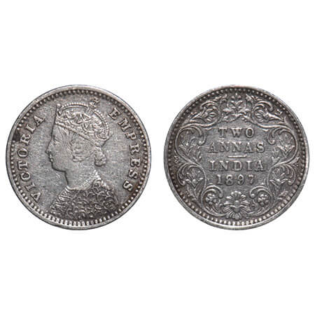 Victoria Empress, Silver, 2 Annas, 1897, Bombay Mint, B/II, 'B' incused. F. Prid 551. GK 8