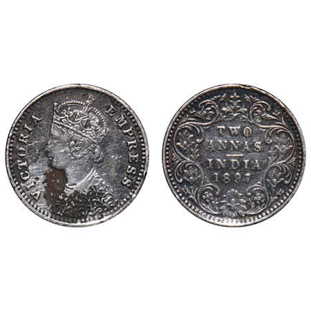 Victoria Empress, Silver, 2 Annas, 1897, Bombay Mint, B/II, 'B' incused. F. Prid 551. GK 8