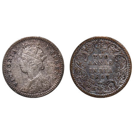 Victoria Empress, Silver, 2 Annas, 1897, Calcutta Mint, B/II, 'C' incused. F. Prid 512. GK