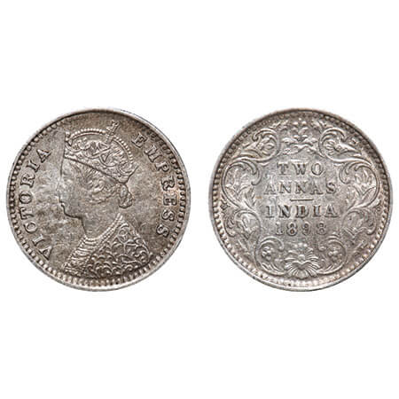 Victoria Empress, Silver, 2 Annas, 1898, Bombay Mint, B/II, 'B' incused, Die crack on Obv.