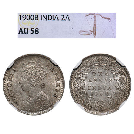 Victoria Empress, Silver, 2 Annas, 1900, Bombay Mint, B/I, 'B' raised, Big B. F. Prid 553.