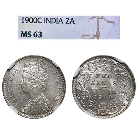 Victoria Empress, Silver, 2 Annas, 1900, Calcutta Mint, B/II, 'C' incused. F. Prid 514. GK