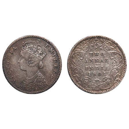 Victoria Empress, Silver, 2 Annas, 1901, Calcutta Mint, B/II, 'C' incused. F. Prid 515. GK