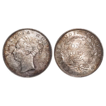 Victoria Queen, Silver, Rupee, 1840, CL, Calcutta Mint, A/I, English Head, With bud leaves