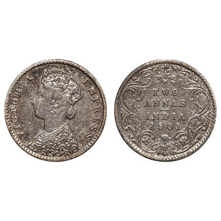 Victoria Empress, Silver, 2 Annas, 1901, Calcutta Mint, B/II, 'C' incused. F. Prid 515. GK