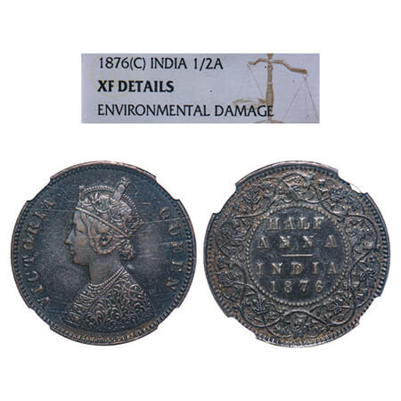 Victoria Queen, Copper, Half Anna, 1876, Calcutta Mint, B/II, The Queen's jabot has 4 pane