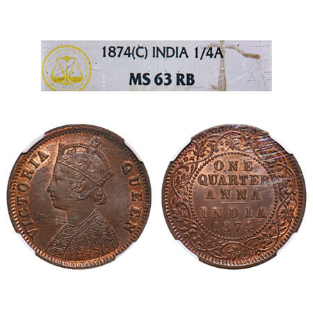 Victoria Queen, Copper, Quarter Anna, 1874, Calcutta Mint, B/II, No mint mark. F. Prid 608
