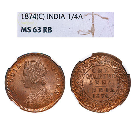 Victoria Queen, Copper, Quarter Anna, 1874, Calcutta Mint, B/II, No mint mark. F. Prid 608