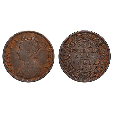 Victoria Queen, Copper, Quarter Anna, 1876, Calcutta Mint, B/II, No mint mark. F. Prid 610