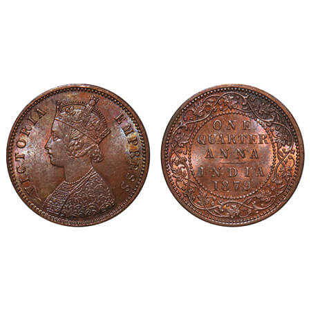 Victoria Empress, Copper, Quarter Anna, 1879, Calcutta Mint, B/II, 'C' incused. F. Prid 61