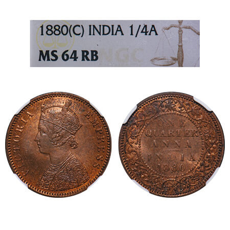 Victoria Empress, Copper, Quarter Anna, 1880, Calcutta Mint, B/II, No mint mark. F. Prid U