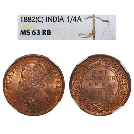 Victoria Empress, Copper, Quarter Anna, 1882, Calcutta Mint, B/II, 'C' incused. F. Prid 61