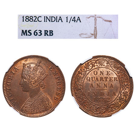 Victoria Empress, Copper, Quarter Anna, 1882, Calcutta Mint, B/II, 'C' incused. F. Prid 61