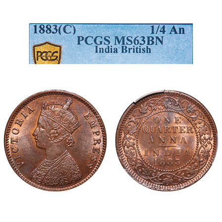 Victoria Empress, Copper, Quarter Anna, 1883, Calcutta Mint, B/II, 'C' incused. F. Prid 61