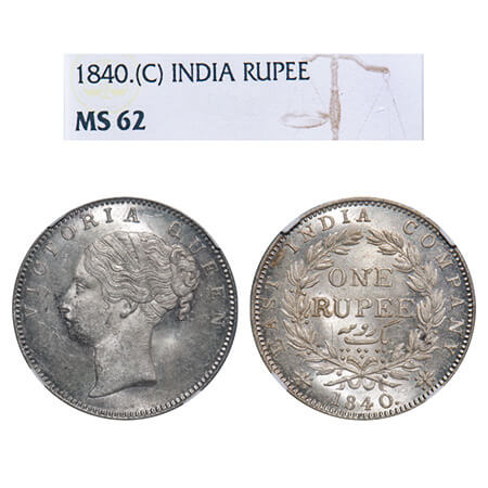 Victoria Queen, Silver, Rupee, 1840, CL, Calcutta Mint, A/I, English Head, Top tips of the