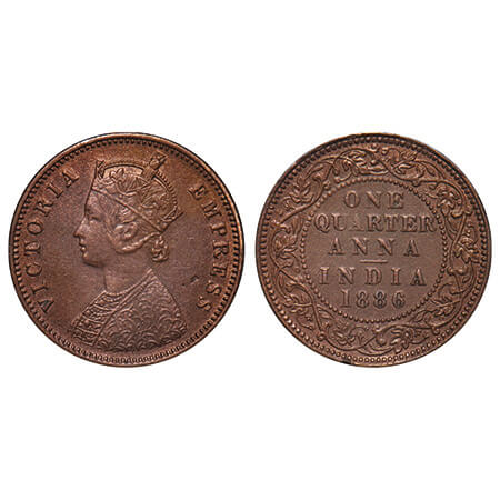 Victoria Empress, Copper, Quarter Anna, 1886, Bombay Mint, B/I, No mint mark. F. Prid 641.