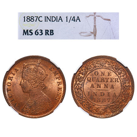 Victoria Empress, Copper, Quarter Anna, 1887, Calcutta Mint, B/II, 'C' incused. F. Prid 62