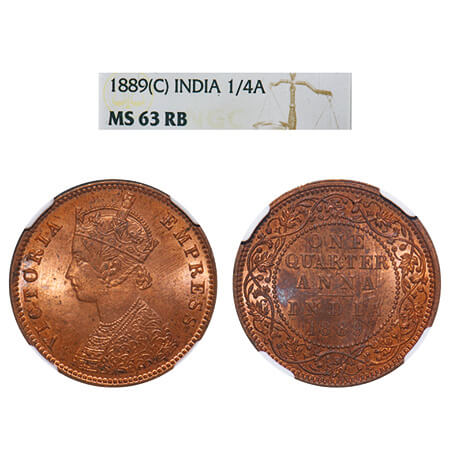 Victoria Empress, Copper, Quarter Anna, 1889, Calcutta Mint, B/II, No mint mark. F. Prid 6