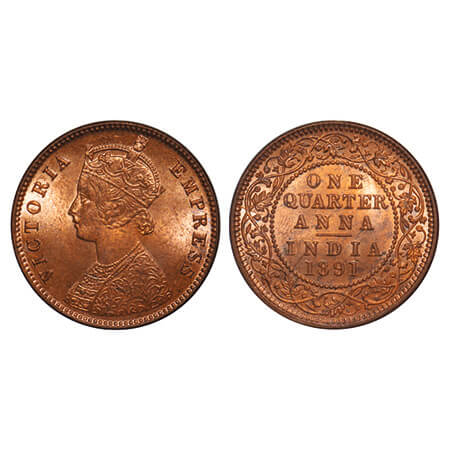 Victoria Empress, Copper, Quarter Anna, 1891, Calcutta Mint, B/II, No mint mark. F. Prid 6
