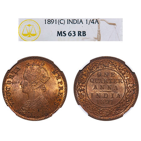 Victoria Empress, Copper, Quarter Anna, 1891, Calcutta Mint, B/II, No mint mark. F. Prid 6