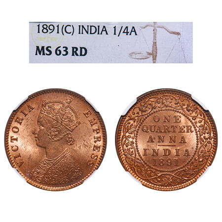 Victoria Empress, Copper, Quarter Anna, 1891, Calcutta Mint, B/II, No mint mark. F. Prid 6
