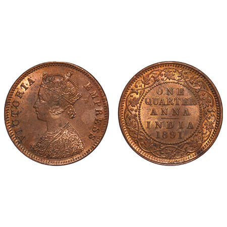 Victoria Empress, Copper, Quarter Anna, 1891, Calcutta Mint, B/II, No mint mark. F. Prid 6