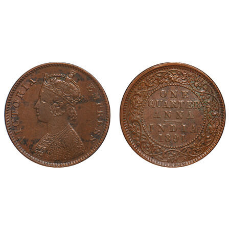 Victoria Empress, Copper, Quarter Anna, 1891, Calcutta Mint, B/II, No mint mark. F. Prid 6