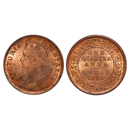 Victoria Empress, Copper, Quarter Anna, 1894, Calcutta Mint, B/II, No mint mark, Upper cur