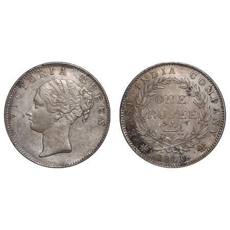 Victoria Queen, Silver, Rupee, 1840, CL, Calcutta Mint, A/I, English Head, Top tips of the