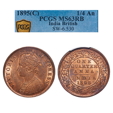 Victoria Empress, Copper, Quarter Anna, 1895, Calcutta Mint, B/II, No mint mark. F. Prid 6