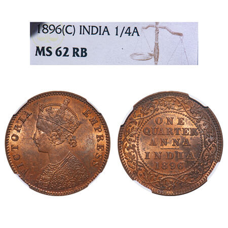 Victoria Empress, Copper, Quarter Anna, 1896, Calcutta Mint, B/II, No mint mark. F. Prid 6