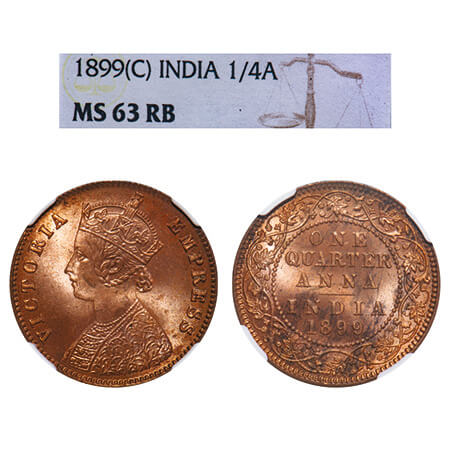 Victoria Empress, Copper, Quarter Anna, 1899, Calcutta Mint, B/II, No mint mark. F. Prid 6