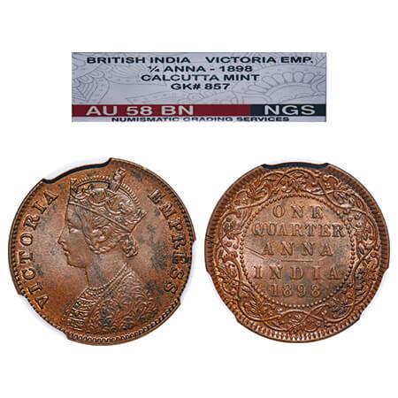 Victoria Empress, Copper, Quarter Anna, 1898, Calcutta Mint, B/II, No mint mark. F. Prid 6
