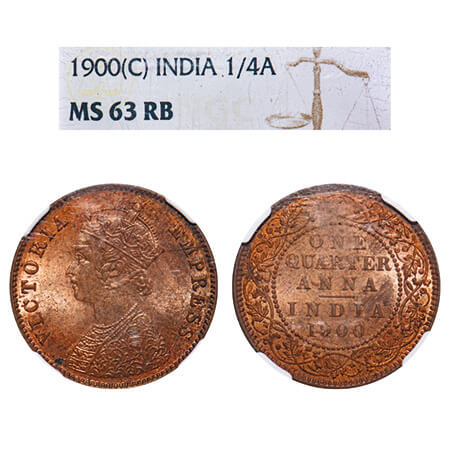 Victoria Empress, Copper, Quarter Anna, 1900, Calcutta Mint, B/II, No mint mark. F. Prid 6