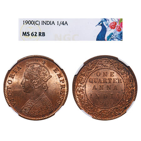 Victoria Empress, Copper, Quarter Anna, 1900, Calcutta Mint, B/II, No mint mark. F. Prid 6